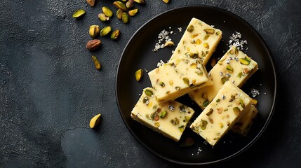 Pakistani barfi milk sweet silver foil and pistachios black plate top down view