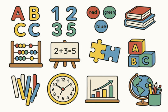 Colorful educational icons: numbers, letters, puzzles, and learning tools for kids