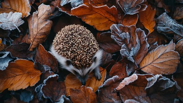 A hedgehog nestled among frosty autumn leaves.