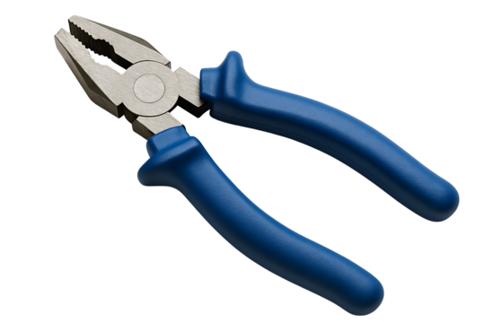 Steel pliers with blue plastic handle isolated on transparent background