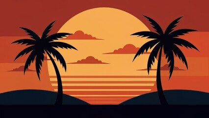 Tropical Sunset with Palm Tree Silhouettes