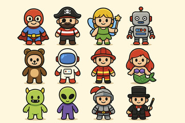 Cute cartoon characters in various costumes and roles