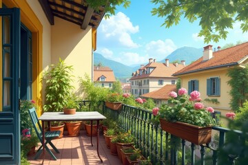 Balcony with plants and table and flowers on railing with buildings in the background against blue sky during summer