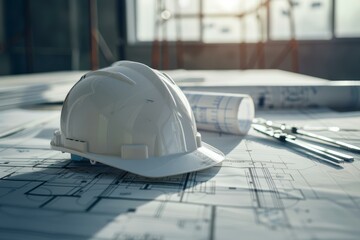 White hardhat is lying on construction plans on a table, tools are spread around it