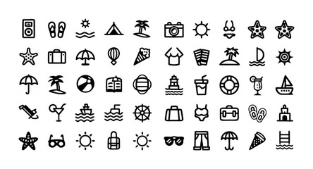 Obraz premium Summer Vacation Icon Set – Outline Vector Illustration of Beach, Travel, Tourism, Holiday, and Tropical Elements