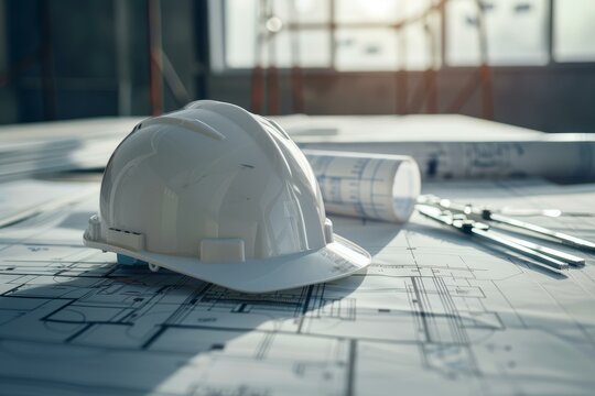 White hardhat is lying on construction plans on a table, tools are spread around it - Powered by Adobe