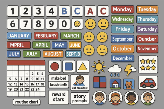 Chore and routine chart for kids featuring days, months, and activities with emoji icons