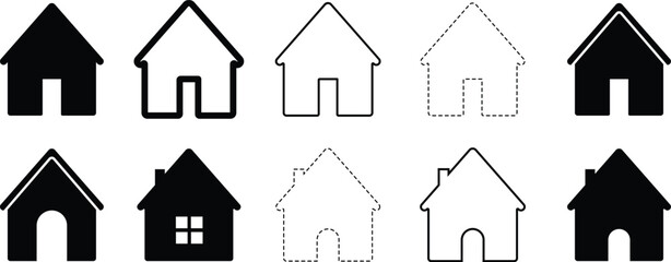 Set of House Icons in Solid, Outline, and Dashed Styles – Real Estate, Architecture, and Home Symbol Vector Illustration
