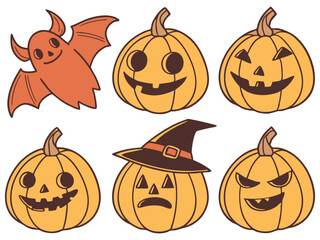 Halloween cartoon pumpkins, one with a witch hat, plus a happy bat great