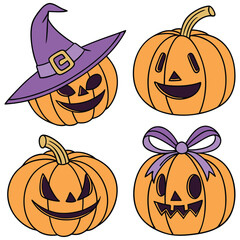 Whimsical pumpkins in Halloween flair witch hat, bow, and carved smiles add charm to spooky decor, ads, and web graphics.