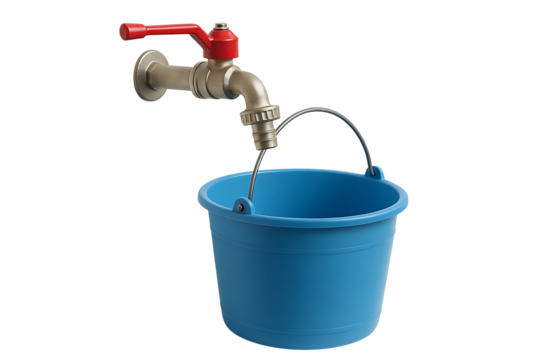Wall-mounted water faucet with blue plastic bucket isolated on transparent background