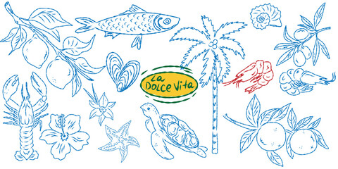 Whimsical hand drawn sketch set inspired by Mediterranean lifestyle. Includes food, drinks, flowers, summer decor and travel elements. Perfect for branding, packaging, prints, and stickers.