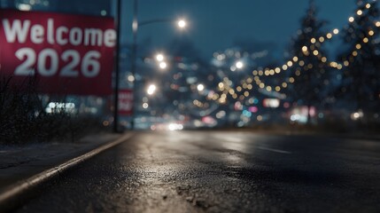 Festive city street decorated with lights and a Welcome 2026 banner