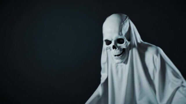 ghost evil skull figure white shroud floating dark background halloween horror spooky spectral apparition scary ethereal entity haunted motion video