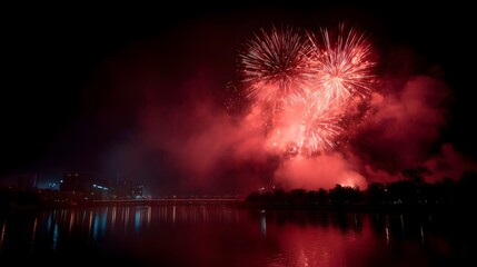 Vibrant fireworks display reflecting on a city river at night