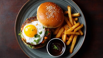 Pakistani beef burger seekh kabab patty fried egg desi chutney and spicy mayo served with fries in modern food court setup top down view