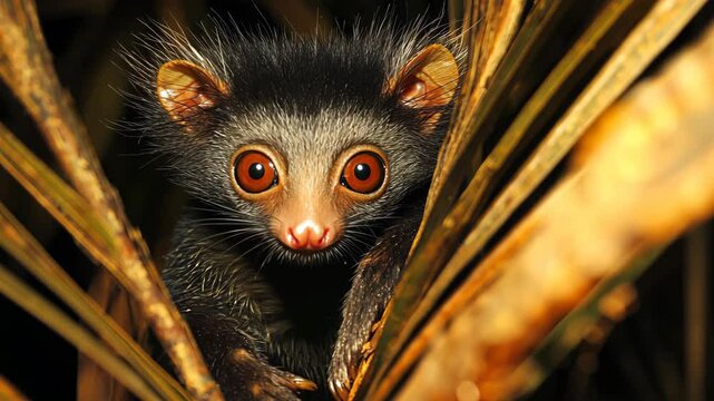A wide-eyed aye-aye lemur peers through dense leaves in the forest.