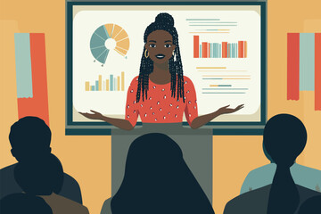 flat vector of an African woman with long braids giving a presentation with charts on screen, business pitch meeting scene vector illustration