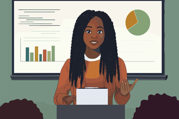 flat vector of an African woman with long braids giving a presentation with charts on screen, business pitch meeting scene vector illustration