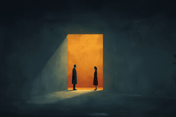 In an empty room, a man and a woman are standing opposite each other in an opening in the wall