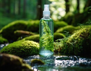 clear bottle of gel in forest stream green moss surrounded