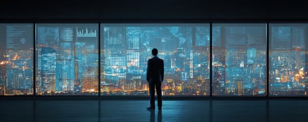 A lone man in a suit overlooks a brightly lit cityscape from a high-rise office at night, surrounded by digital data and futuristic holographic interfaces.