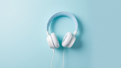 Blue and White Headphones on Pastel Background for Audio, Music, and Relaxation Concepts