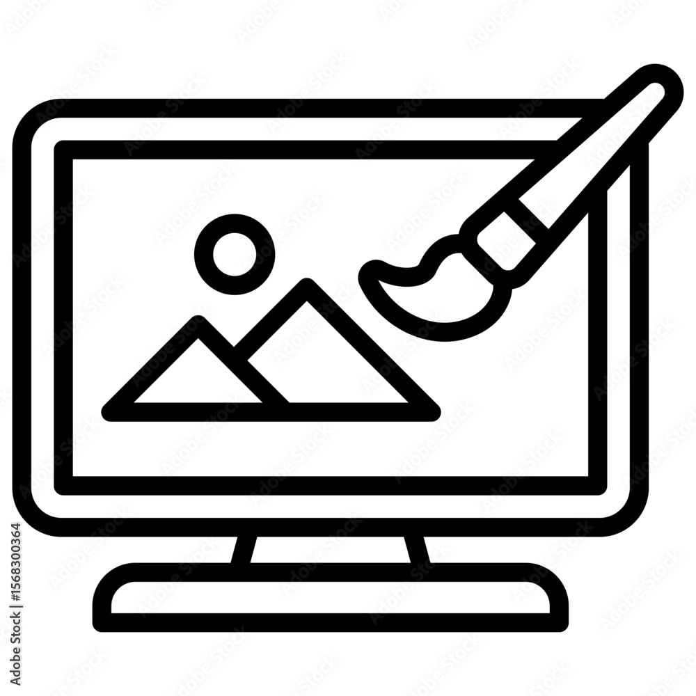 Fototapete Graphic Editor Outline Icon Vector Design - computer screen with an image and brush, symbolizing digital illustration or image editing