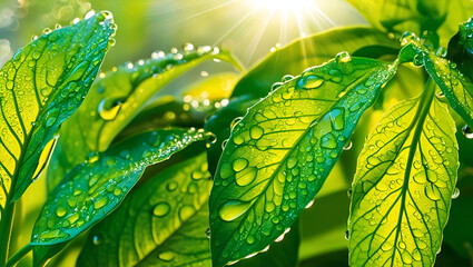 Fresh green leaves covered in water droplets with sunbeams shining through, creating a vibrant nature background full of life and freshness