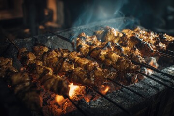 Chicken skewers grilling over hot coals. Smoky, flavorful, and delicious-looking kebabs are being prepared on metal skewers over a charcoal grill