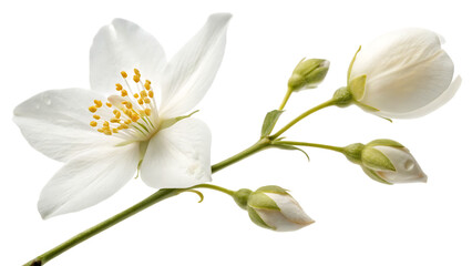 Obraz premium Airborne jasmine blossom and unopened bud isolated on a white background PNG. AI GENERATED.