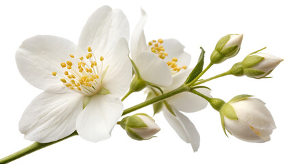 Airborne jasmine blossom and unopened bud isolated on a white background PNG. AI GENERATED.
