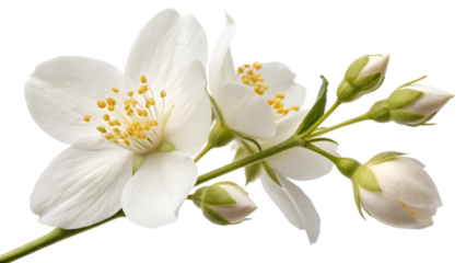 Airborne jasmine blossom and unopened bud isolated on a white background PNG. AI GENERATED.