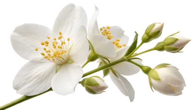 Airborne jasmine blossom and unopened bud isolated on a white background PNG. AI GENERATED.