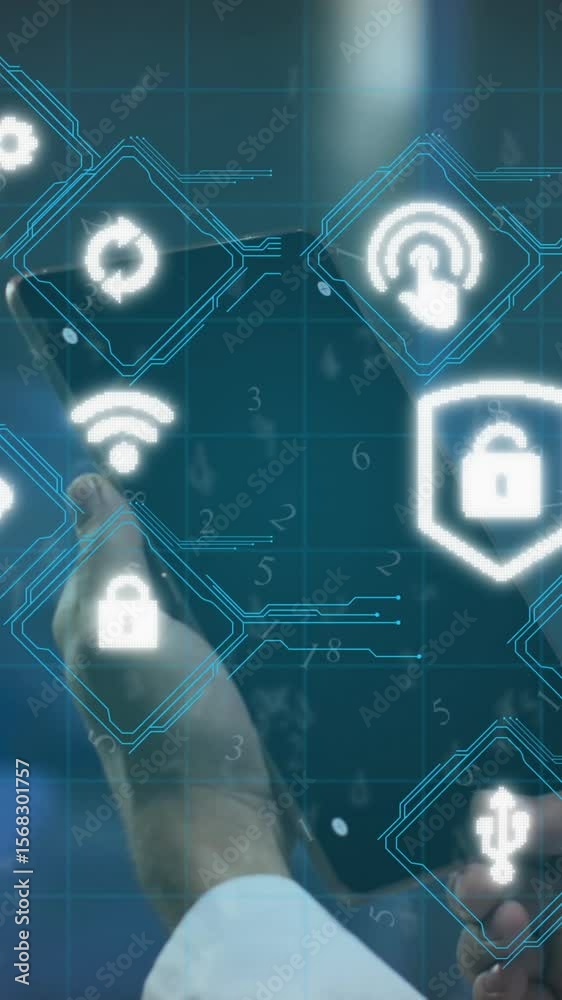 Poster animation of data processing over man using tablet