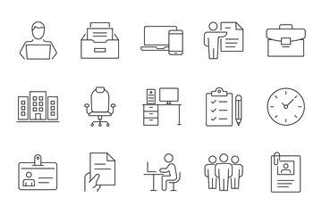 Office Workplace icon set. Office, remote working, meeting, co-worker, workspace, desk, computer, business icons and more. Vector illustration.