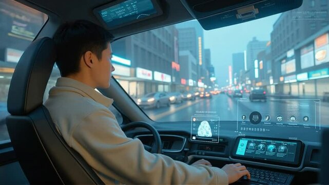 Futuristic City Drive: Autonomous Vehicle Interface  Night Cityscape. - Powered by Adobe