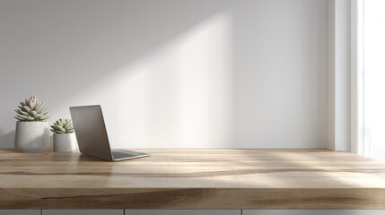 Light-filled workspace, laptop on wooden surface