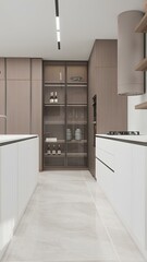 Modern minimalist kitchen with sleek white cabinets, wood paneling, marble flooring, and a glass cabinet showcasing bottles, glasses, and decorative vases