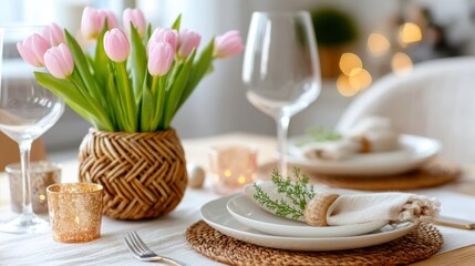 A charming Easter dining arrangement featuring tulips and soft pastel hues.