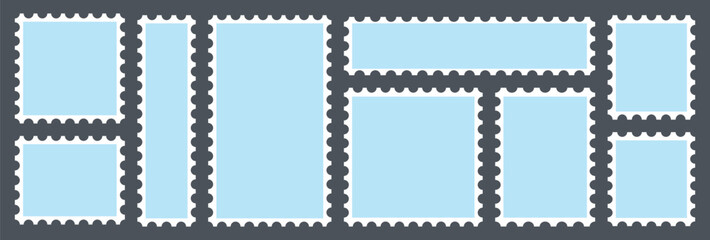 Blue postage stamps set. Post stamp frames and borders. Rectangle, square template for mail, postcard, letter, note. Vector zigzag objects for badge, sticker, photo. Vector illustration set