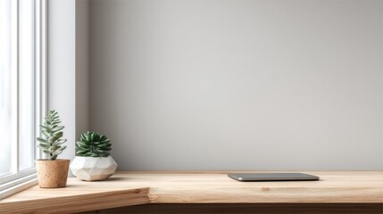 Empty wooden desk corner with plants and laptop.  Light gray wall, bright window