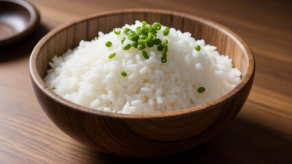 Steaming White Rice with Green Scallions in a Wooden Bowl on Wood Table, Asian Cuisine