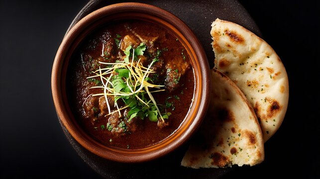 Pakistani beef nihari stew bone marrow garnished with ginger and coriander served with hot naan bread on clayware placed on a black table with soft shadows and warm tones top down view