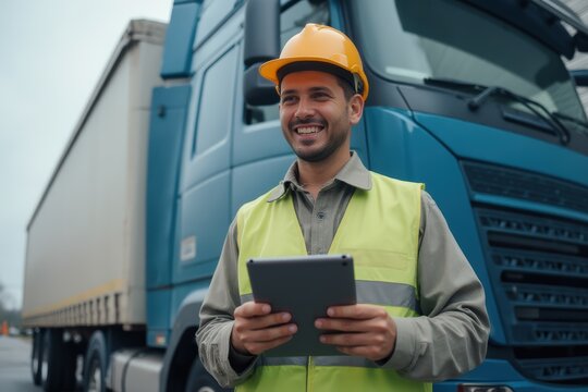 Smiling truck driver wearing hardhat standing with tablet pc by truck