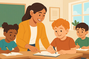 Vector Illustration of Female Teacher with Hearing Aid Helping Students in Bright Classroom