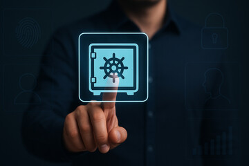 Secure vault door icon pressed by finger in futuristic digital interface background for security, finance, banking, and technology websites