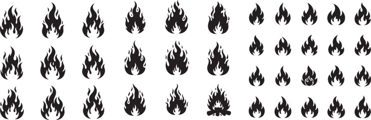 Diverse Minimalist Fire Flame Icon Set. Black Vector Silhouettes