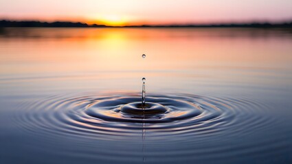 Water drop ripple effect liquid surface calm nature peaceful serenity sunset horizon view