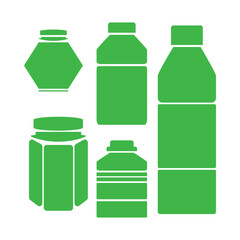 Bottle and jars icon set. Plastic bottles and glass jars. Mineral water. Bottled beverage, cream, pills, powder, colon silhouette bottles symbol. Vector.